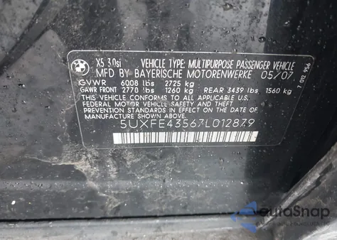 2007 BMW X5 3.0Si z USA, uszkodzony, nr VIN 5UXFE43567L012879